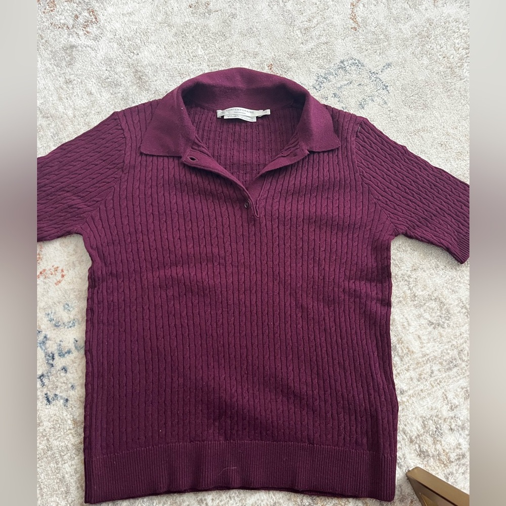 Simons Short-Sleeve Collared Cable Knit Top - Deep Plum